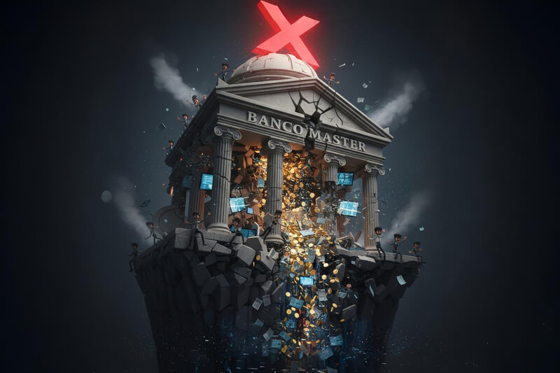 Banco Master desmoronando em animação 3D, com moedas e documentos caindo.