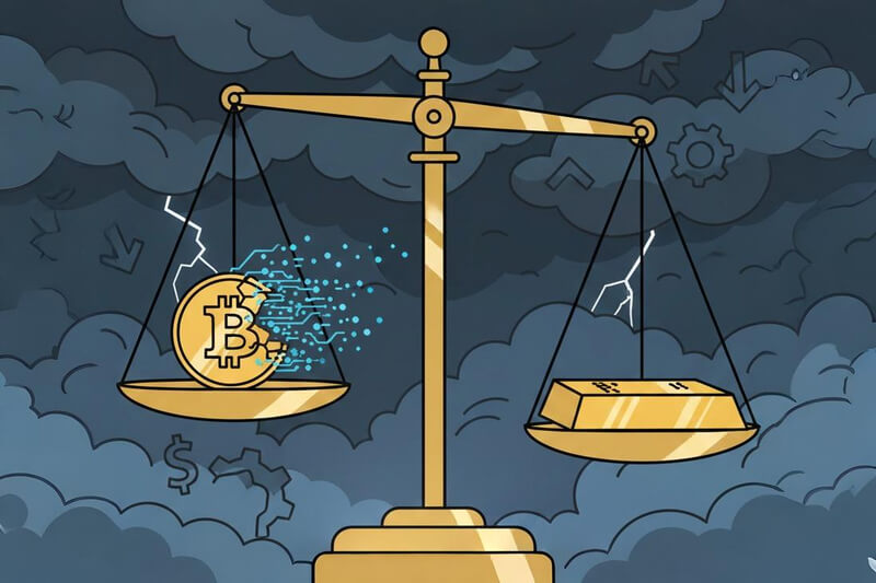 Balança comparando o peso do Ouro em alta contra o Bitcoin em queda durante a crise de 2025.