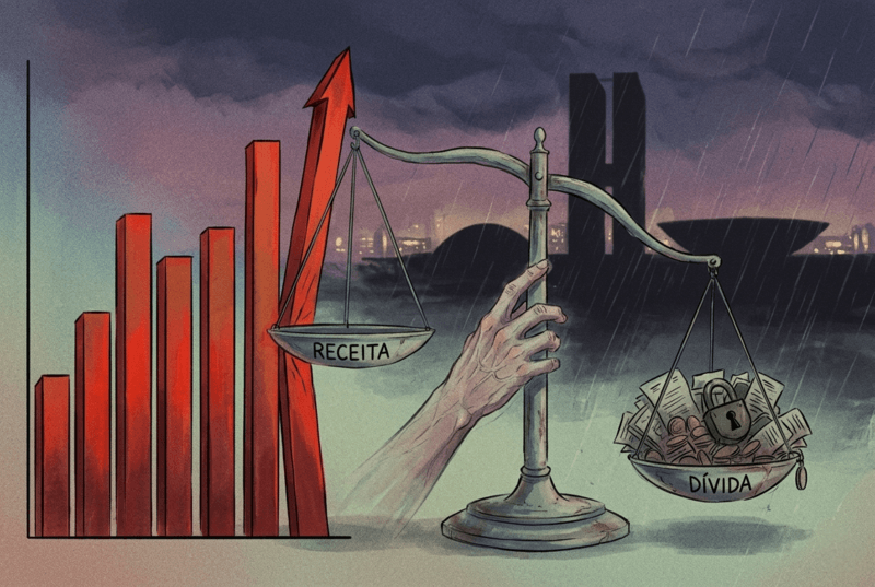 Gráfico representando o desequilíbrio da gestão fiscal no Brasil com aumento de gastos e impostos.