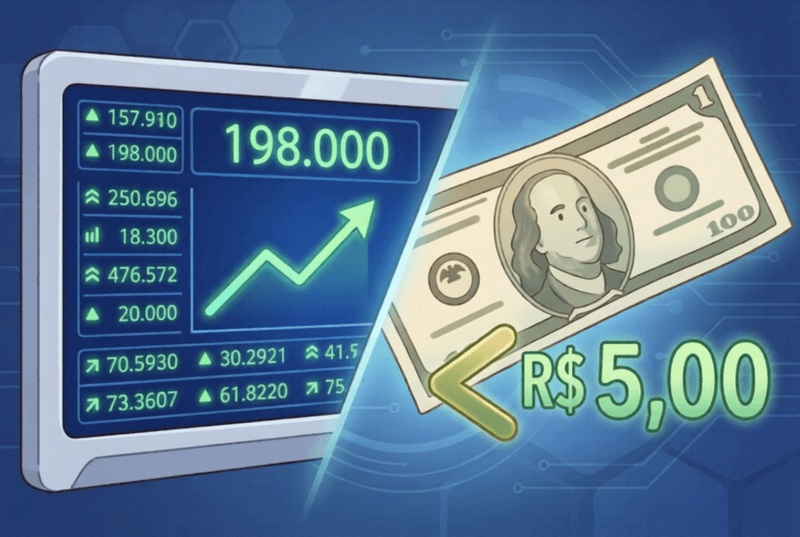 Gráfico do índice Ibovespa em alta histórica e cotação do dólar abaixo de cinco reais em 2026.