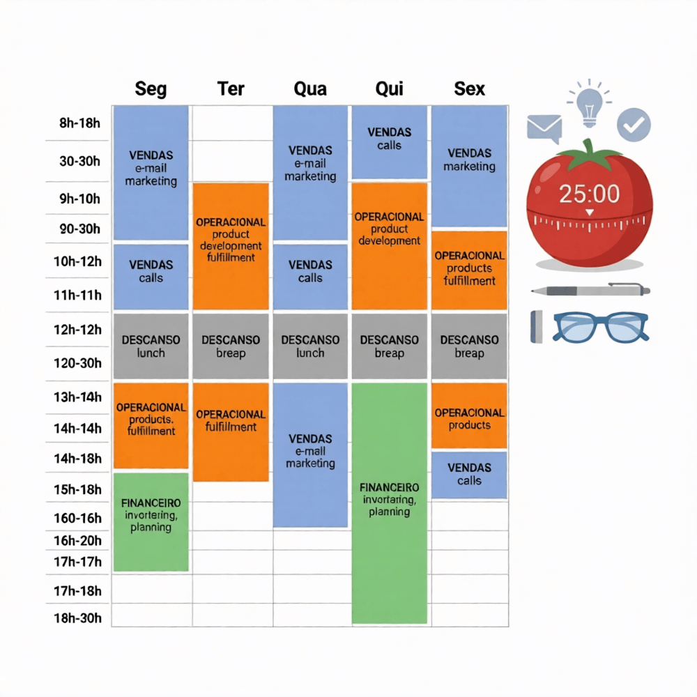 Exemplo de time blocking semanal com técnica Pomodoro para empreendedores organizarem a rotina produtiva.