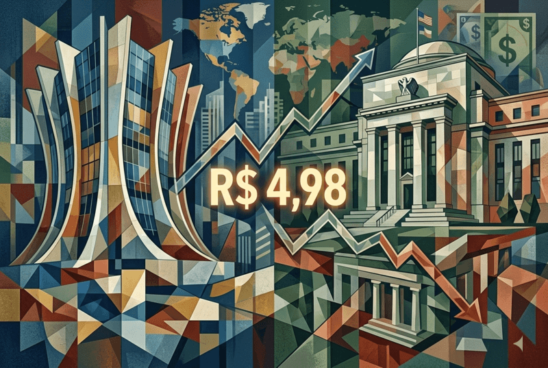 Representação do Banco Central e do Fed influenciando a cotação do dólar em 2026.