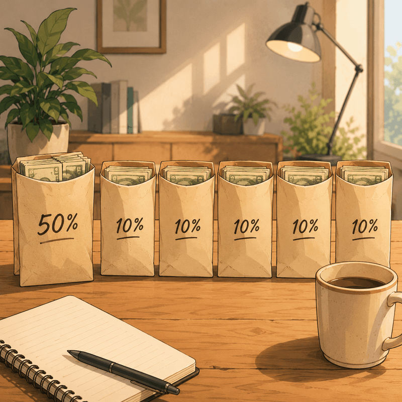 Método de divisão do dinheiro em seis partes inspirado na mentalidade financeira do livro Mente Milionária, com envelopes ou potes etiquetados.
