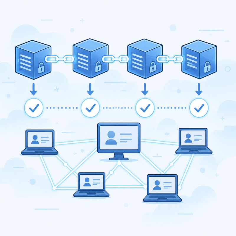 Infográfico explicando como funciona a tecnologia blockchain de forma simples para iniciantes em criptomoedas.
