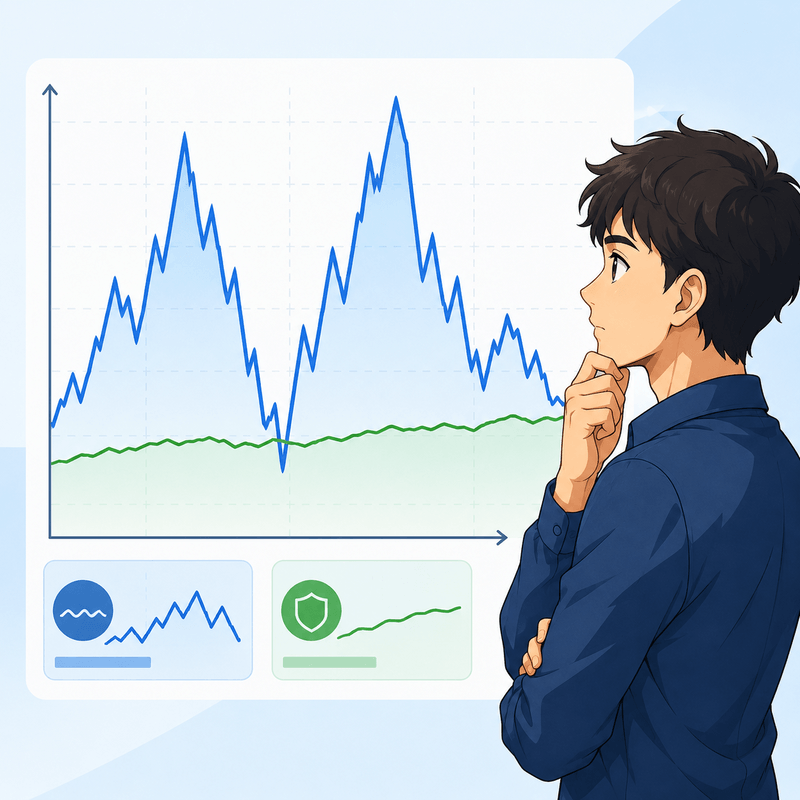 Gráfico comparando a volatilidade extrema de criptomoedas com investimentos tradicionais de renda fixa para iniciantes.