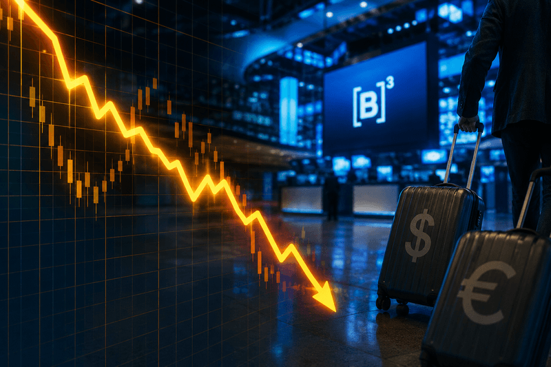 Painel da B3 ilustrando a redução e saída do fluxo estrangeiro na bolsa de valores.
