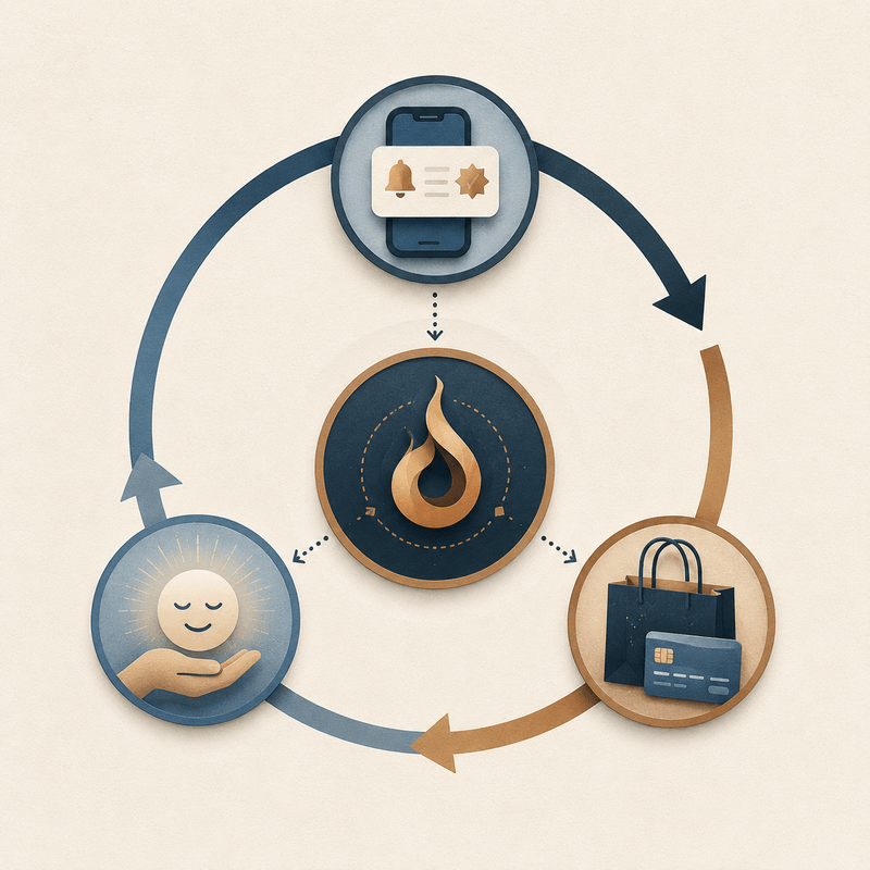 Diagrama circular do loop do hábito com Deixa, Rotina e Recompensa aplicado a hábitos financeiros do dia a dia.