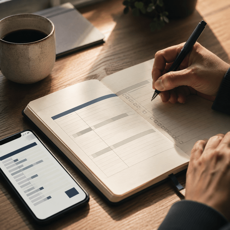 Pessoa estruturando um plano de substituição de hábitos financeiros em um caderno de anotações pessoal com referência ao modelo de 4 passos.