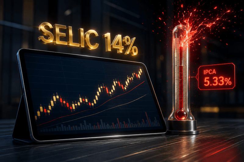 Gráfico financeiro e indicadores mostrando a alta da inflação no Boletim Focus e a taxa Selic em 14% em 2026
