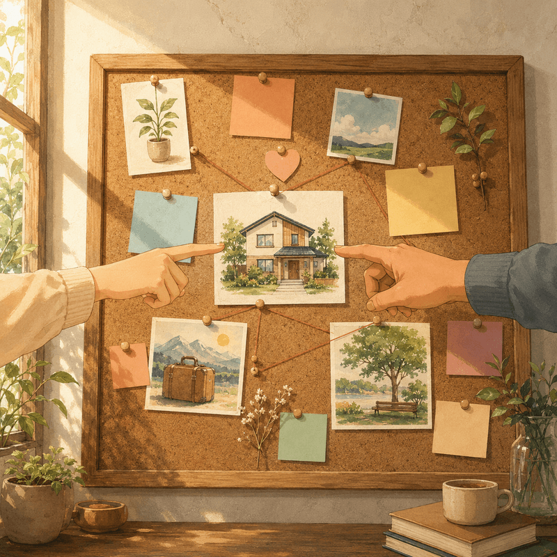 Casal planejando objetivos financeiros conjuntos com quadro de metas e post-its coloridos.