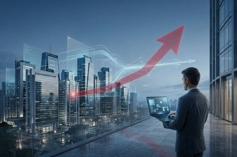 Gráfico digital e edifício da bolsa ilustrando a forte saída de capital estrangeiro da Bolsa em 2026.