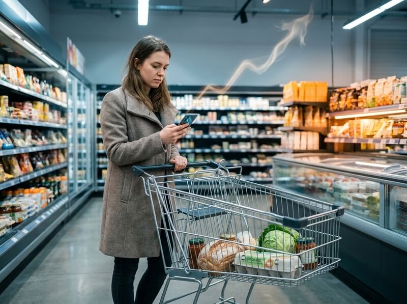 Investidor iniciante conferindo preços no supermercado enquanto olha aplicativo bancário, representando o impacto do IPCA-15 no poder de compra em 2026