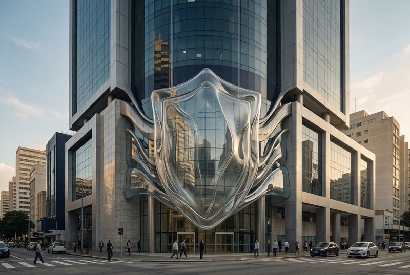 Fachada de prédio de banco com ícone de escudo de proteção, ilustrando o aumento das provisões bancárias contra calotes em 2026