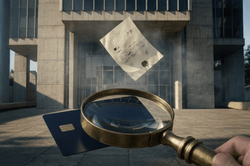 Fachada do Banco Central com lupa sobre símbolo de cartão de crédito e taxa de juros, ilustrando as medidas do Comef contra linhas de crédito mais caras em 2026