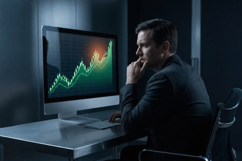 Trader analisando gráfico de alta repentina em múltiplos monitores com sinal de alerta ao fundo, ilustrando o início de FOMO na bolsa em 2026