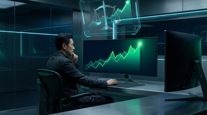 Investidor analisando gráfico do Ibovespa em novas máximas com ícone de balança ao fundo, ilustrando a diversificação da carteira em 2026